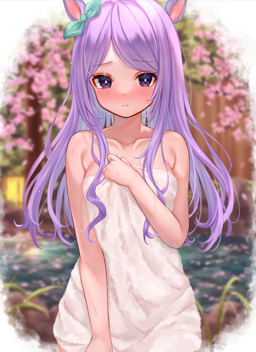 1girl 3: absurdres animal_ears aqua_bow bangs bare_shoulders blurry blurry_background blush bow breasts closed_mouth collarbone cowboy_shot depth_of_field ebifurai_(r3mpuami) embarrassed eyebrows_visible_through_hair frown hair_bow hand_on_own_chest highres horse_ears lantern long_hair looking_at_viewer mejiro_mcqueen_(umamusume) naked_towel onsen parted_bangs purple_hair small_breasts solo towel umamusume violet_eyes water wet
