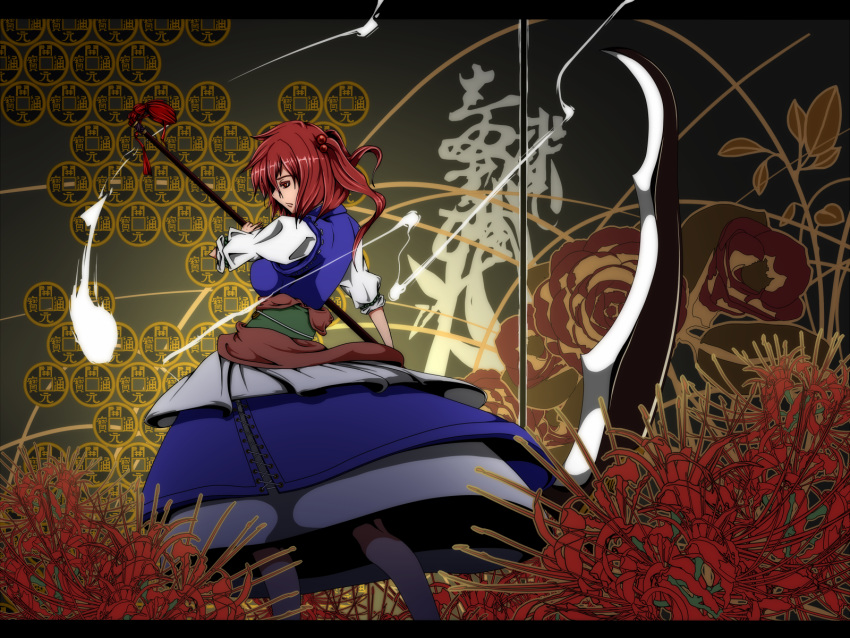 coin flower hair_tie highres onozuka_komachi pose potato_pot red_eyes red_hair redhead scythe solo spider_lily tassel touhou twintails