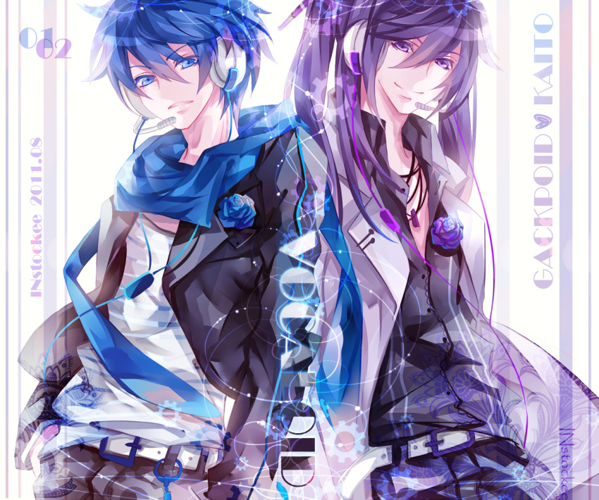 bad_id belt blue_eyes blue_hair character_name flower hair_flower hair_ornament headphones instockeee jacket kaito kamui_gakupo long_hair multiple_boys ponytail purple_eyes purple_hair scarf short_hair vocaloid