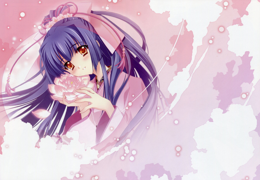 absurdres blue_hair blush carnelian flower head_tilt highres japanese_clothes kao_no_nai_tsuki kimono kuraki_suzuna long_hair official_art petals ponytail purple_hair ribbon scan smile yellow_eyes