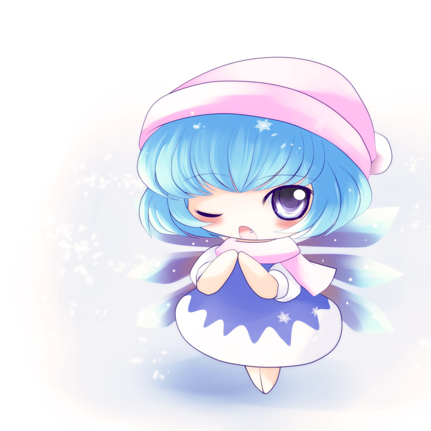 blue_eyes blue_hair chibi cirno fang hat highres perfect_cherry_blossom scarf snow solo touhou wings yume_shokunin