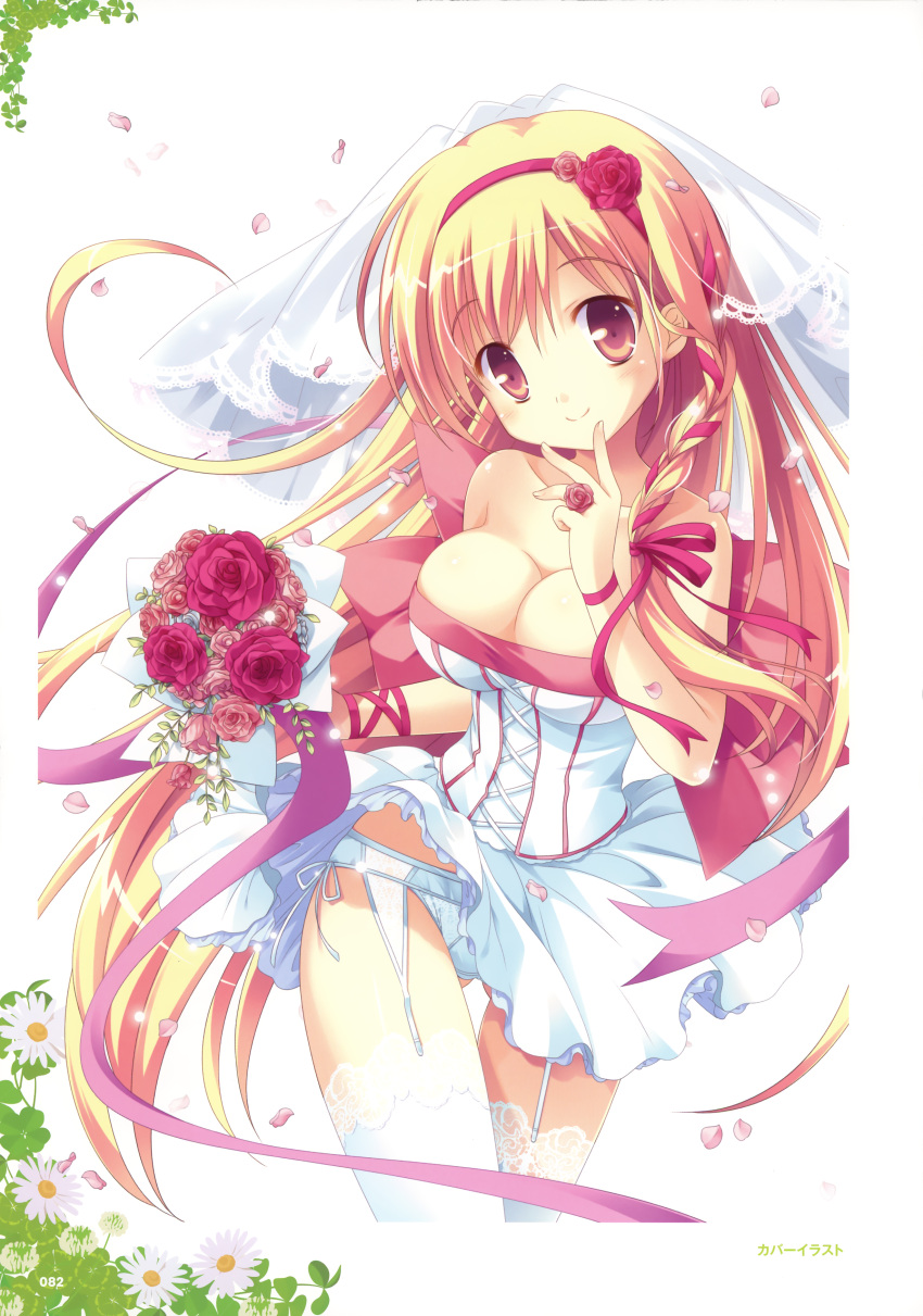 absurdres bare_shoulders blonde_hair bouquet braid breasts bridal_veil brown_eyes cleavage clover collarbone copyright_request corset daisy dress flower garter_belt hair_flower hair_ornament hairband highres jewelry long_hair panties petals red_rose ribbon ring rose smile solo thigh-highs thigh_gap thighhighs underwear veil wedding_dress white_background white_dress white_legwear white_panties yuyi