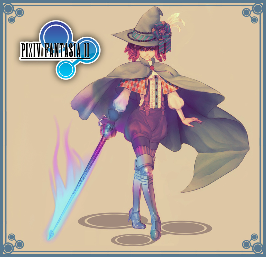 armor blue_eyes blue_fire bow cape feathers fire glowing glowing_weapon greaves hat hat_bow hat_feather lance pixiv_fantasia pixiv_fantasia_2 polearm red_hair redhead solo weapon yugume