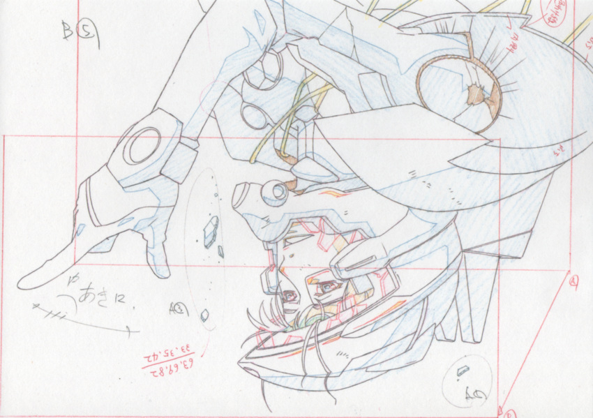 damaged helmet highres macross macross_frontier macross_frontier:_itsuwari_no_utahime mikhail_buran pilot_suit pointing production_art upside-down