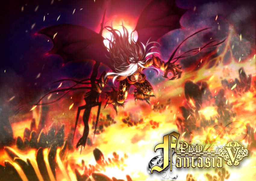 bat_wings breasts claws fantasy fire flying gpnet highres horns long_hair pixiv_fantasia pixiv_fantasia_5 pixiv_fantasia_v polearm spear trident weapon white_hair wings