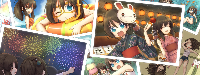 :d blue_eyes brown_hair candy_apple festival fireworks fish food freediving goggles highres hot ice_cream innertube japanese_clothes kimono koyuki.a lantern mask multiple_girls open_mouth paper_lantern payot photo_(object) ponytail seal_online shaved_ice smile snorkel summer sweat sweatdrop swimsuit underwater wavy_mouth wink yukata