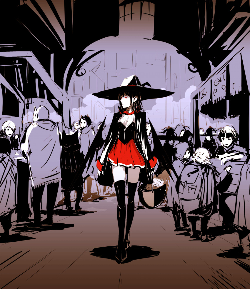 artist_self-insert black_hair cat fictional_persona hat highres oekaki original pot red_eyes spot_color thigh-highs thighhighs walking wings witch witch_hat zettai_ryouiki