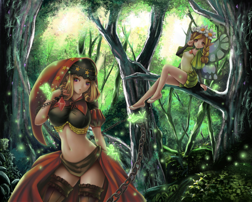 2girls blonde_hair breasts chain chains forest impossible_clothes large_breasts mercedes midriff multiple_girls nature navel odin_sphere only_haruka purple_eyes sitting sitting_on_branch thigh-highs thighhighs thighs tree tree_branch velvet_(odin_sphere) violet_eyes wings yellow_eyes zettai_ryouiki