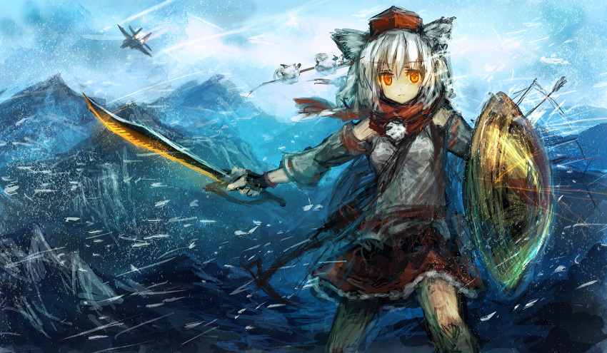 airplane animal_ears detached_sleeves fighter_jet hat highres inubashiri_momiji jet lm7_(op-center) op-center scarf shield shirt short_hair silver_hair skirt solo sword touhou weapon wolf_ears yellow_eyes