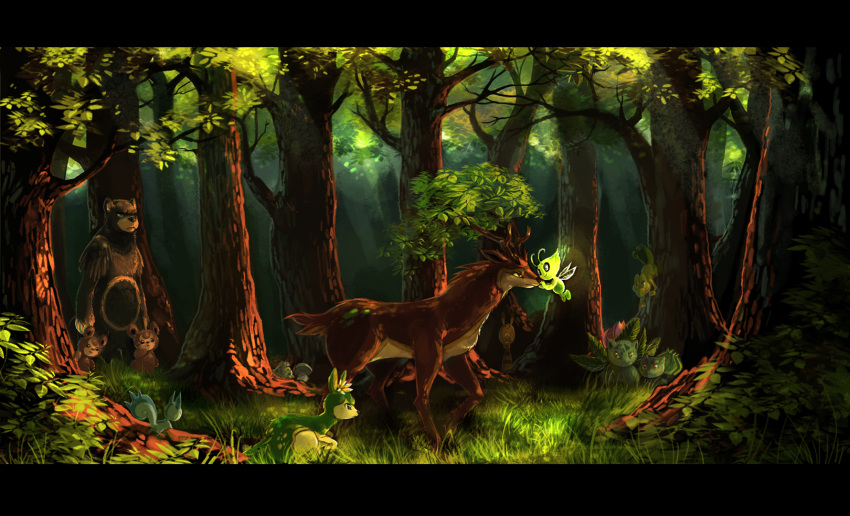 bulbasaur celebi deer deerling foongus forest grass highres ivysaur nature no_humans pachirisu pokemon sawsbuck shroomish teddiursa tree treecko tuooneo ursaring