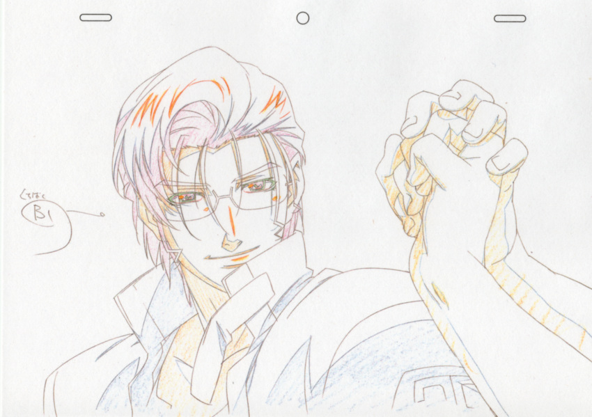 fist_bump glasses highres jacket macross macross_frontier macross_frontier:_sayonara_no_tsubasa mikhail_buran pointy_ears production_art s.m.s. short_hair sketch