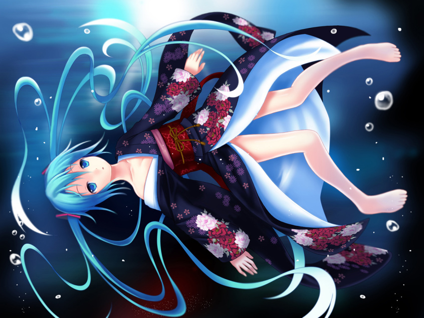 barefoot blue_eyes blue_hair bubble bubbles feet floating_hair hatsune_miku japanese_clothes kimono long_hair open_mouth setona_(daice) twintails underwater vocaloid water
