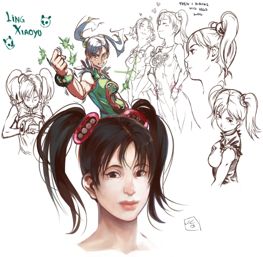 2girls black_hair breasts character_name china_dress chinese_clothes closed_eyes collage hirano_miharu jc ling_xiaoyu lips multiple_girls palm-fist_greeting school_uniform scrunchie short_hair sketch smile tekken tekken_tag_tournament_2 twintails