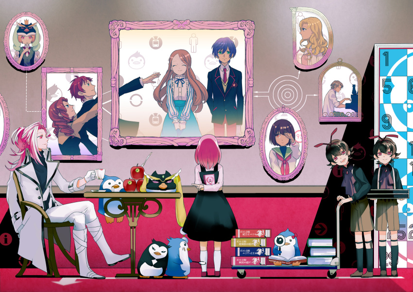 apple bird black_hair blazer blonde_hair blue_hair brown_eyes brown_hair curly_hair diary esmeralda_(mawaru_penguindrum) food frame fruit green_eyes hat highres koukou64 long_hair magnifying_glass mawaru_penguindrum natsume_mario natsume_masako necktie oginome_momoka oginome_ringo penguin penguin_1-gou penguin_2-gou penguin_3-gou pink_eyes pink_hair pointing princess_of_the_crystal purple_eyes red_eyes red_hair redhead school_uniform shirase_(mawaru_penguindrum) short_hair skirt souya_(mawaru_penguindrum) tabuki_keiju takakura_himari takakura_kanba takakura_shouma tokikago_yuri violet_eyes watase_sanetoshi