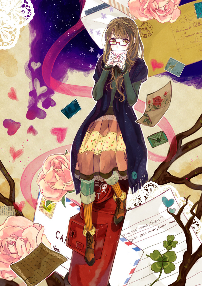 boots braid branch brown_hair clover covering covering_face covering_mouth flower four-leaf_clover french glasses heart highres jacket letter long_hair love_letter orange_legwear original pantyhose postage_stamp postbox ribbon sitting solo stamp vertical-striped_legwear vertical_stripes vient yellow_eyes