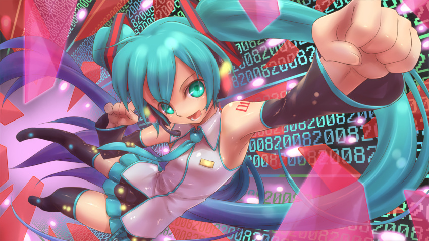 aqua_eyes aqua_hair detached_sleeves foreshortening hatsune_miku headset long_hair necktie open_mouth skirt solo thigh-highs thighhighs tsukigami_chronica twintails very_long_hair vocaloid