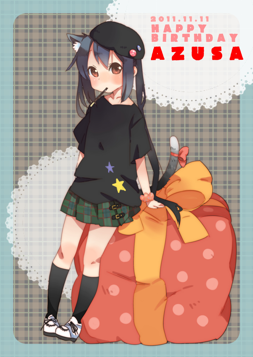 absurdres animal_ears black_hair brown_eyes cat_ears cat_tail character_name happy_birthday hat highres k-on! k-on!_movie long_hair nakano_azusa pocky pocky_day solo sunameri_oishii tail twintails