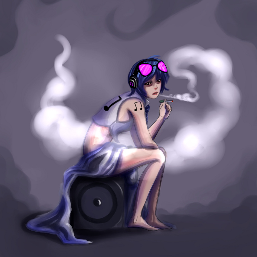 1girl bare_shoulders barefoot blue_hair cigarette dj_pon3 headphones highres lips musical_note my_little_pony my_little_pony_friendship_is_magic personification red_eyes short_hair sitting smoke smoking solo speaker sunglasses sunglasses_on_head tattoo vinyl_scratch vinyl_scratch_(dj_pon3)