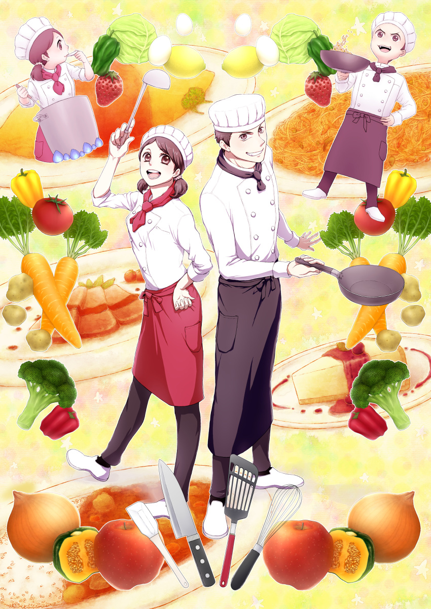 apple apron broccoli broccoli_(vegetable) brown_eyes brown_hair cake carrot chef chef_hat copyright_request curry egg food fruit frying_pan grin hand_on_hip hat highres hips knife ladle lettuce meat nari830 noodles omelet onion peppers potato rice short_hair sleeves_rolled_up smile spatula strawberry tomato toque_blanche twintails