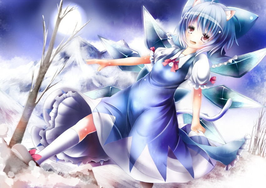 animal_ears blue_dress blue_hair blush bow cat_ears cat_tail cirno dress hair_bow kemonomimi_mode mountain open_mouth perfect_cherry_blossom pink_eyes short_hair slip_skirt snow solo tail touhou tree umagenzin wings
