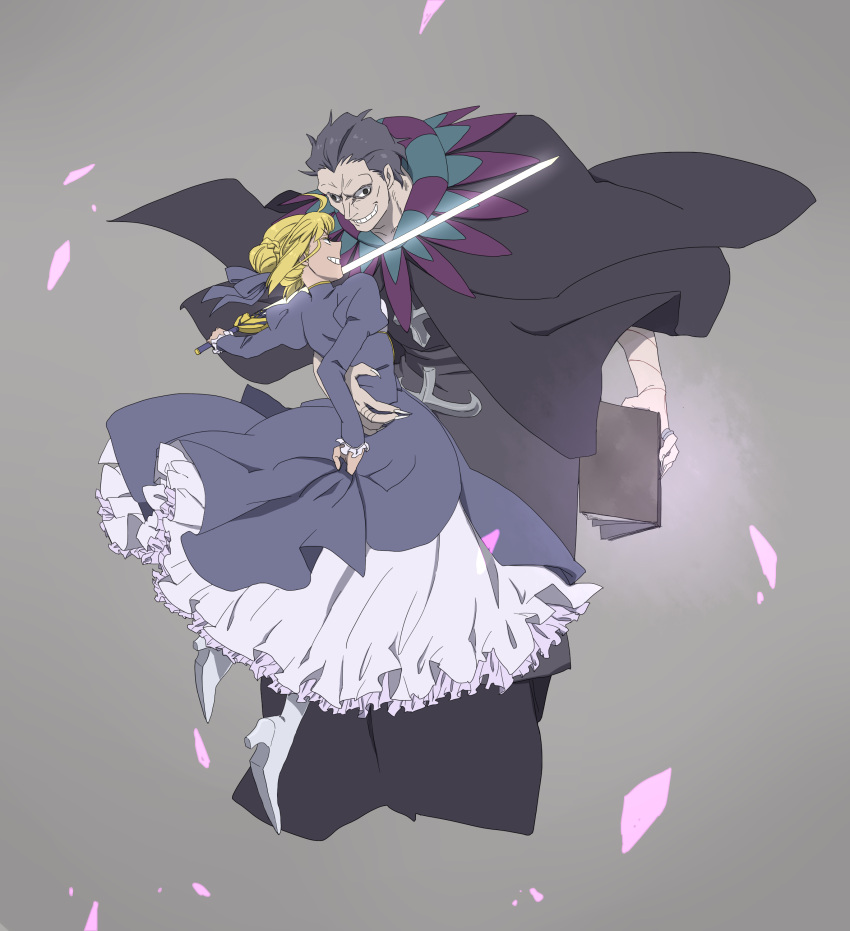 1girl absurdres ahoge blonde_hair blue_eyes book caster_(fate/zero) dress excalibur fate/stay_night fate/zero fate_(series) fighting flat_color glowing glowing_weapon hair_ribbon highres hin long_hair petals ribbon robe saber slip_skirt sword tosa_love weapon