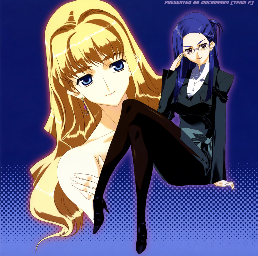 b blonde_hair blue_eyes crossed_legs dress earrings glasses grace_o'connor grace_o'connor high_heels highres jewelry macross macross_frontier macrossky nakamura_takeshi necklace neckless pantyhose purple_eyes sheryl_nome shoes sitting smile violet_eyes
