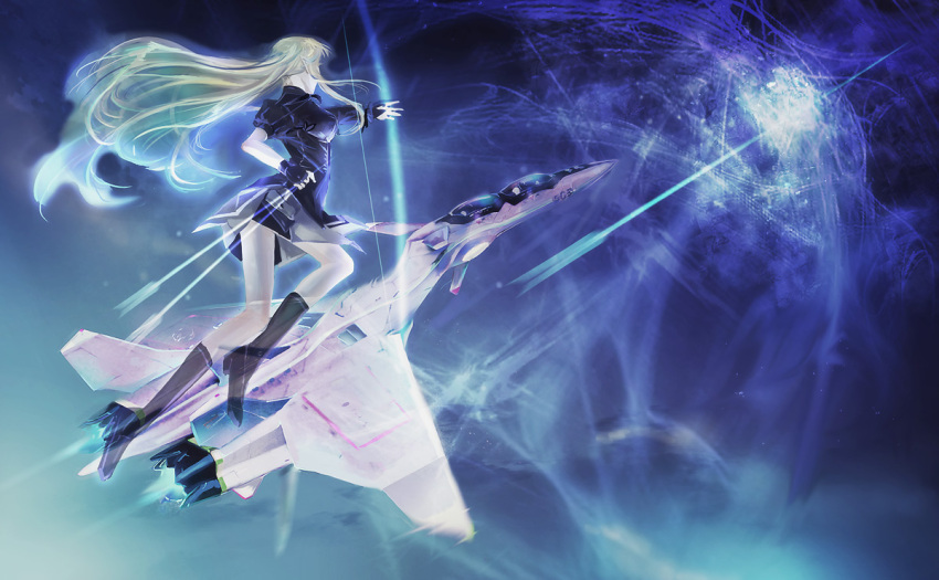 airplane blonde_hair boots dress dual_persona ffr-31mr/d_super_sylph fighter_jet fingerless_gloves from_behind gloves green_hair jet long_hair personification sentou_yousei_yukikaze solo toi_kotori