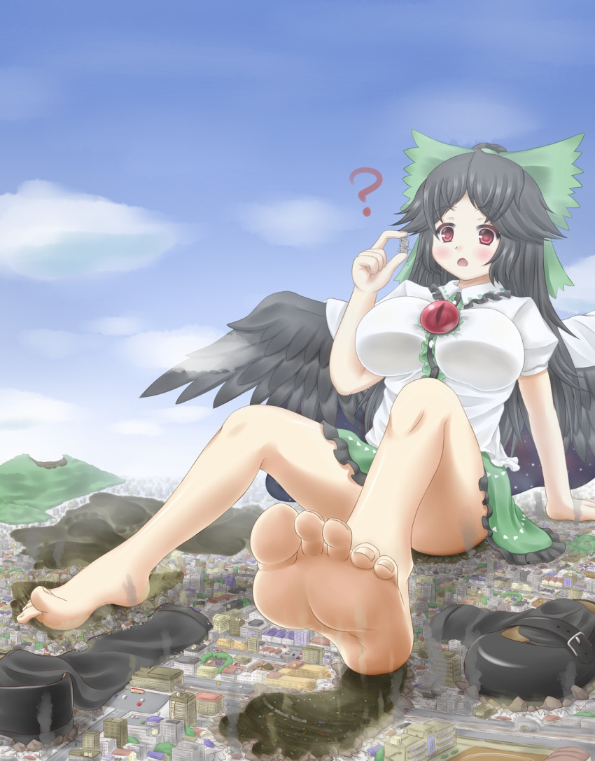 ? aonagi_ibane bare_legs barefoot black_hair blush bow breasts building bus cape car censored city cloud convenient_censoring destruction feet foreshortening giantess hair_bow highres holding_up house large_breasts long_hair mary_janes motor_vehicle open_mouth red_eyes reiuji_utsuho ruins shirt shoes shoes_removed sitting skirt skyscraper smoke soles solo third_eye toes touhou town train upskirt vehicle