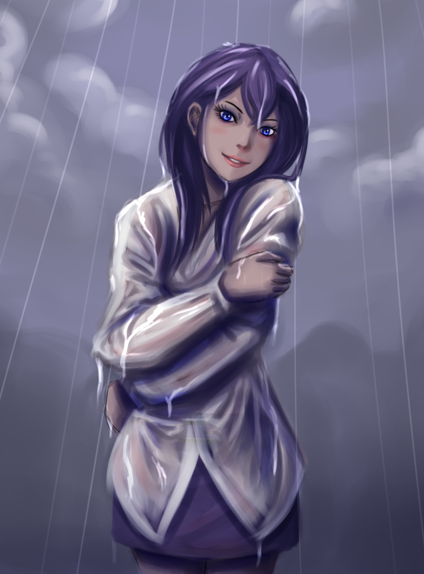 1girl blue_eyes highres human jewelry lipstick long_hair makeup miniskirt my_little_pony my_little_pony_friendship_is_magic necklace personification purple_hair rain rarity skirt smile solo wet wet_clothes