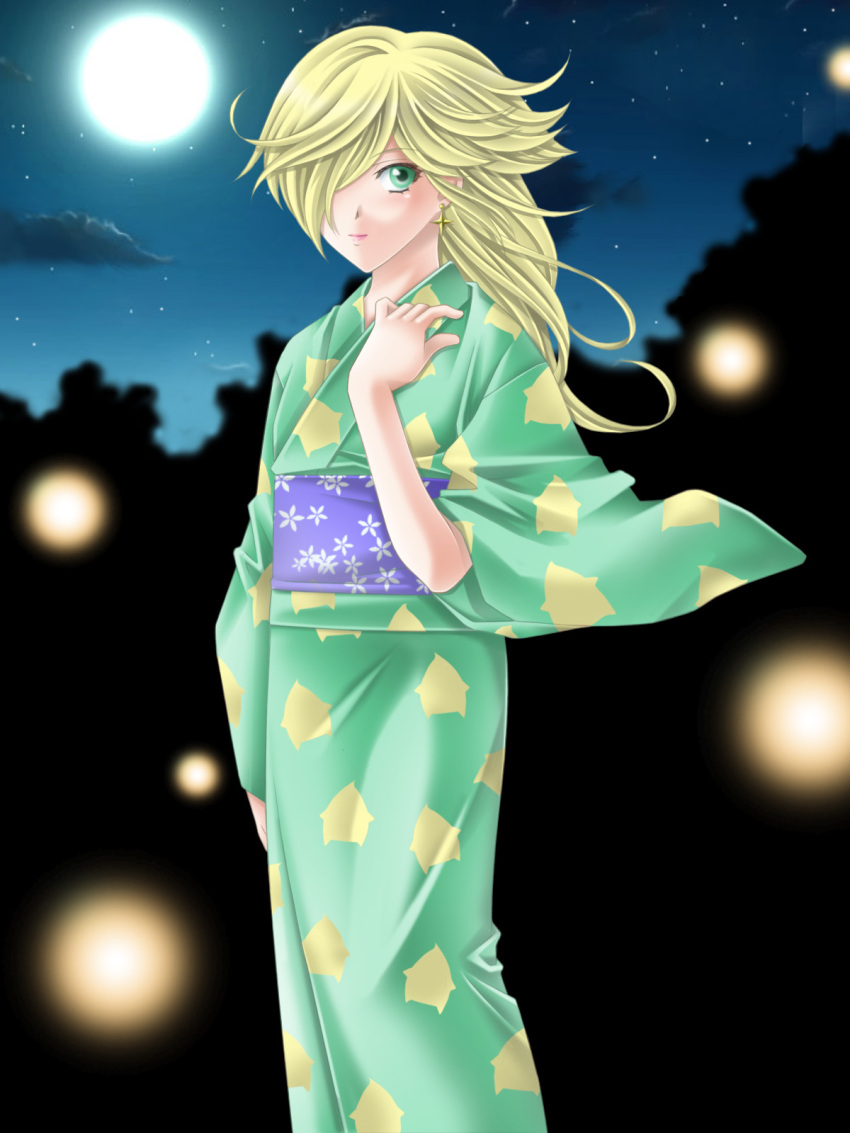 1girl alternate_costume blonde_hair cloud earrings full_moon green_eyes hair_over_one_eye highres japanese_clothes jewelry kimono luma moon night night_sky nintendo princess_rosalina rosalina rosalina_(mario) sky smile star_(sky) super_mario_bros. super_mario_galaxy tamamon