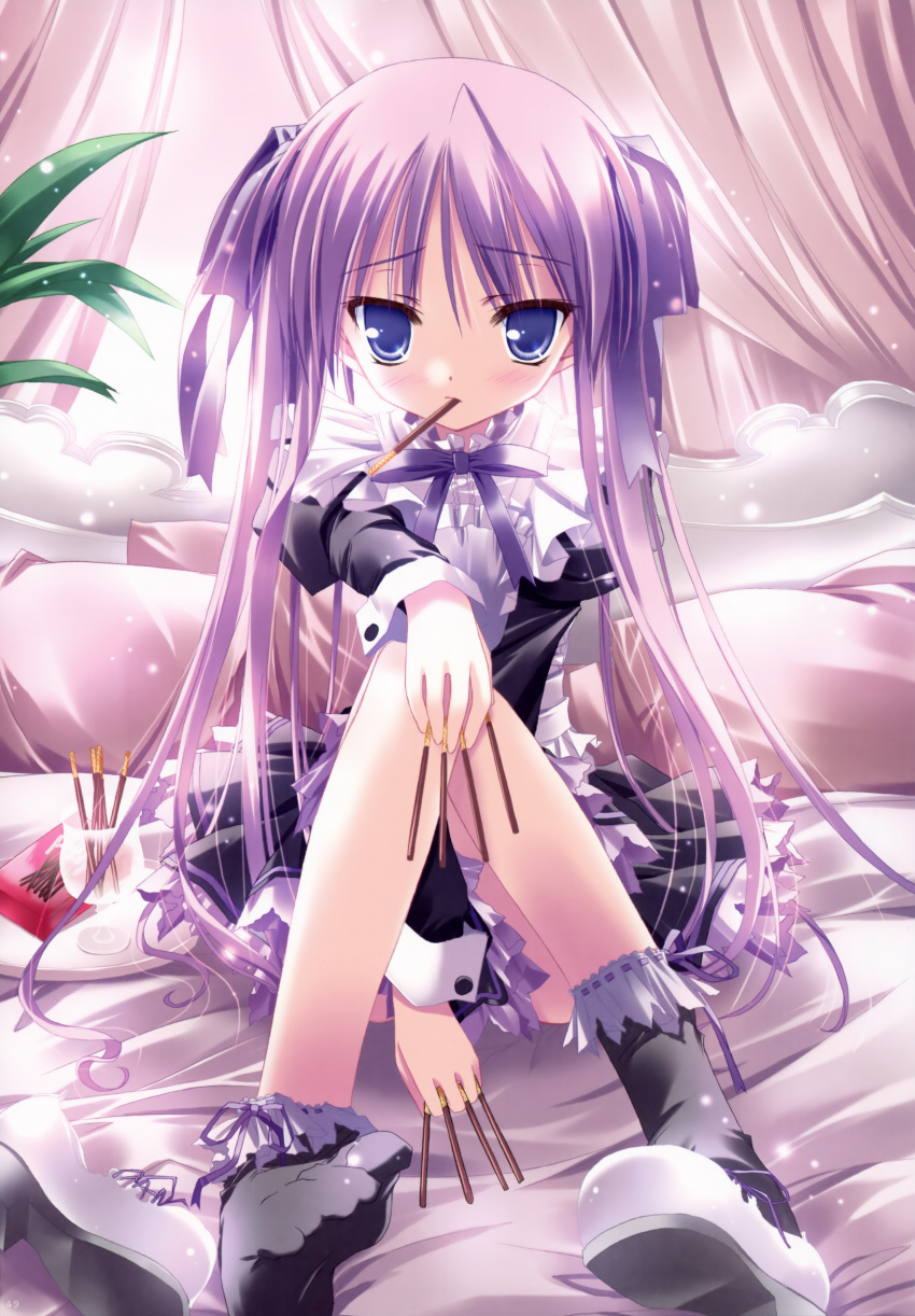 absurdres apron bed bell between_fingers between_legs black_legwear blue_eyes blush feet food food_in_mouth glass hair_ribbon hand_between_legs highres hiiragi_kagami light_particles lolita_fashion long_hair looking_at_viewer lucky_star mouth_hold on_bed pocky purple_hair ribbon scan single_shoe sitting socks tinker_bell twintails very_long_hair