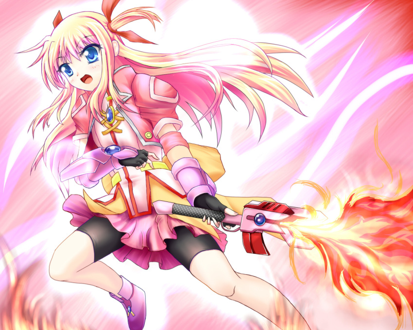 1girl arisa_bannings armor bike_shorts blonde_hair blue_eyes flame fraction gem hair_ribbon highres long_hair mahou_shoujo_lyrical_nanoha_innocent open_mouth puffy_sleeves ribbon shoes short_sleeves skirt solo sword two_side_up weapon