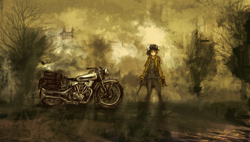 androgynous belt belt_pouch coat fur_hat goggles goggles_on_head green_eyes hat hermes highres kino kino_no_tabi lm7_(op-center) long_coat motor_vehicle motorcycle op-center pouches reverse_trap short_hair solo tree trench_coat vehicle weapon