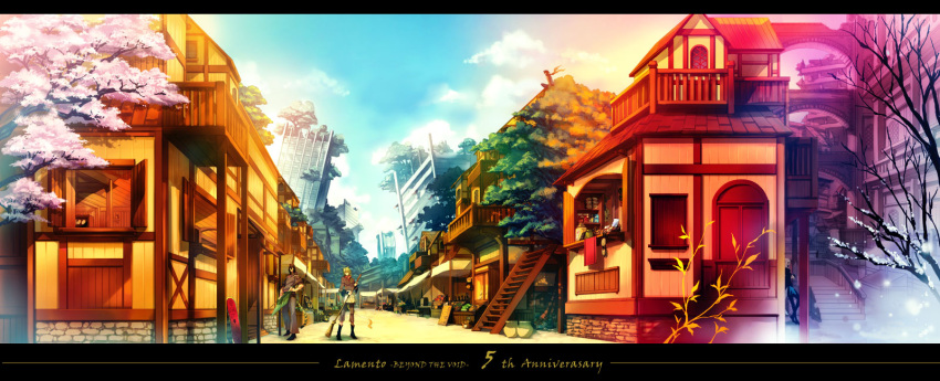 animal_ears broom building character_request cherry_blossoms city highres jar lamento market multiple_boys pots ruins scenery seasons shutters snow stairs street sweeping tail trees yamatsuki_sou