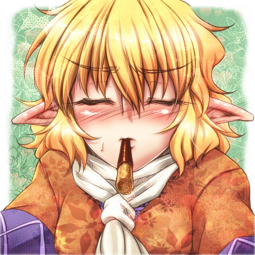 blonde_hair blush close-up ear_blush face food incoming_kiss mizuhashi_parsee mouth_hold ootsuki_wataru pocky pocky_kiss pointy_ears shared_food short_hair solo touhou