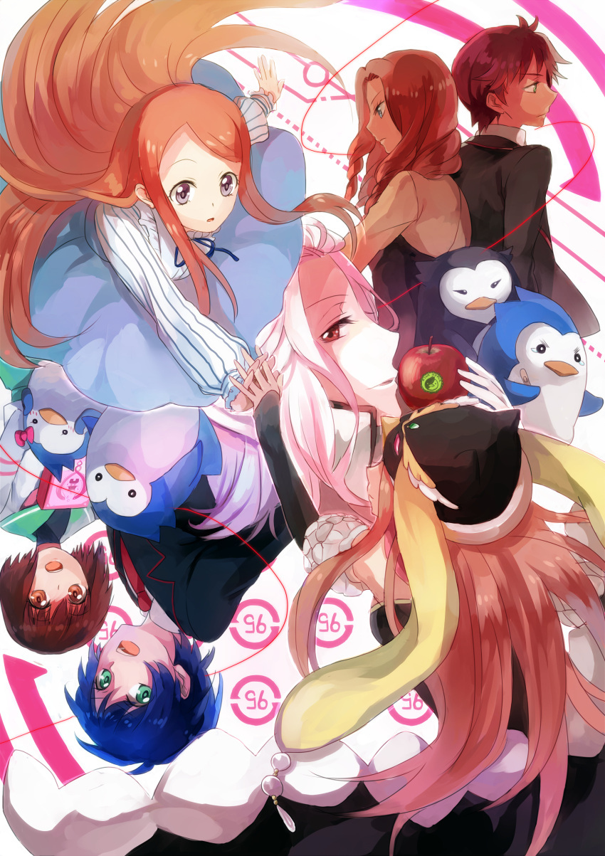 animal_hat apple bandage bandages bird blue_eyes blue_hair book brown_hair detached_sleeves esmeralda_(mawaru_penguindrum) food fruit gloves green_eyes hand_holding hat highres holding holding_apple holding_book holding_fruit holding_hands mawaru_penguindrum natsume_masako oginome_ringo penguin penguin_1-gou penguin_2-gou penguin_3-gou pink_hair princess_of_the_crystal purple_eyes red_eyes red_hair redhead school_uniform shion_(kizuro) skirt takakura_himari takakura_kanba takakura_shouma violet_eyes watase_sanetoshi