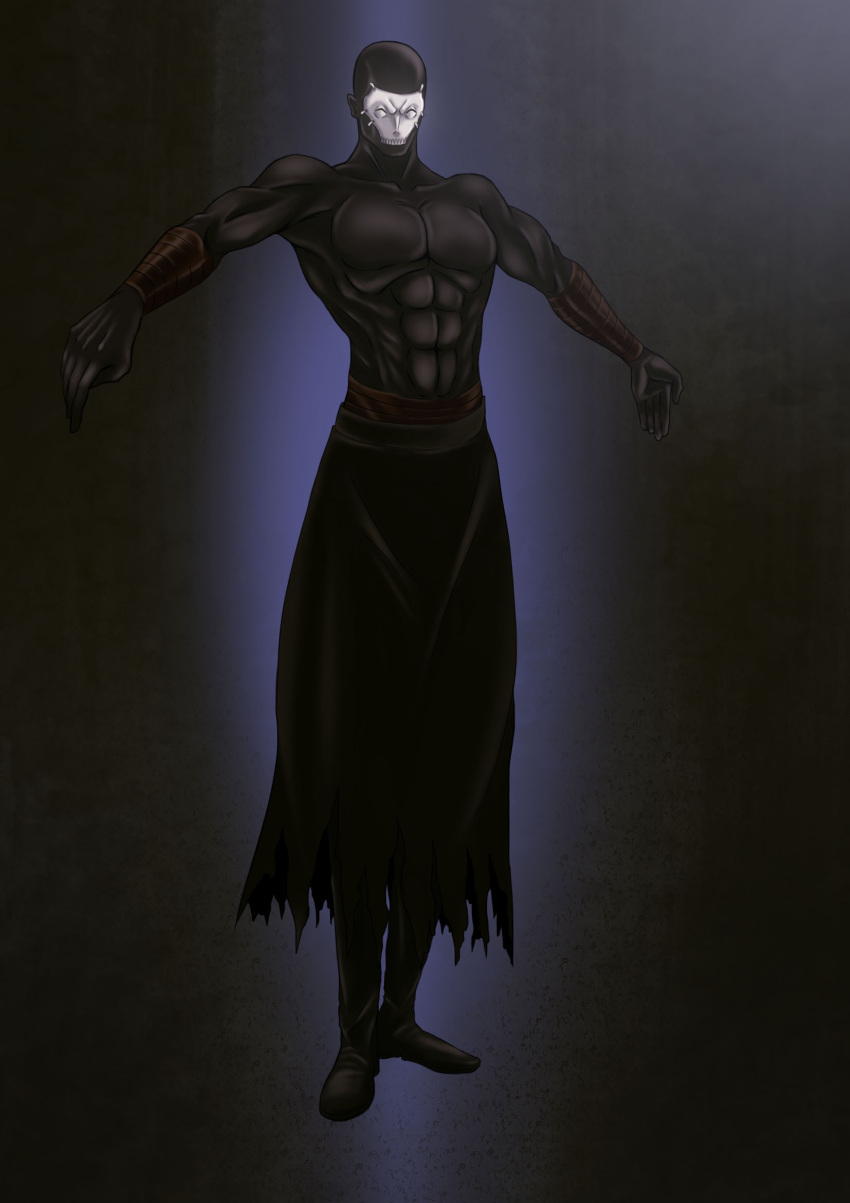assassin_(fate/zero) bald bare_shoulders black_skin boots dark_skin fate/stay_night fate/zero fate_(series) highres male manly mask outsretched_arms outstretched_arms shirtless solo tennkai-akeci_mirakuru
