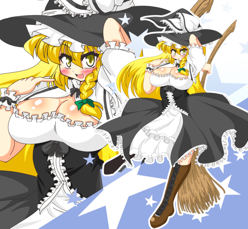 blonde blonde_hair blush boots braid breasts broom chyaramu cleavage dress female hat highres kirisame_marisa large_breasts long_hair long_skirt skirt solo standing touhou very_long_hair witch witch_hat yellow_eyes