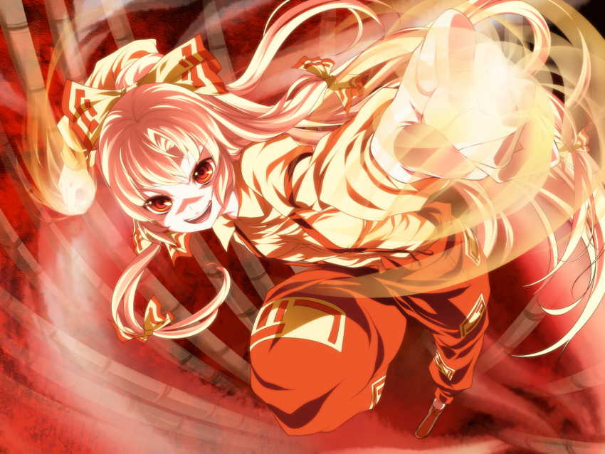 &gt;:) &gt;:d :d bamboo bamboo_forest bow burning_hand dress_shirt fire flame forest fujiwara_no_mokou grin hair_bow hair_ribbon jumping mino106 nature ofuda open_mouth pants perspective rape_face red_eyes ribbon shirt silver_hair smile solo suspenders touhou