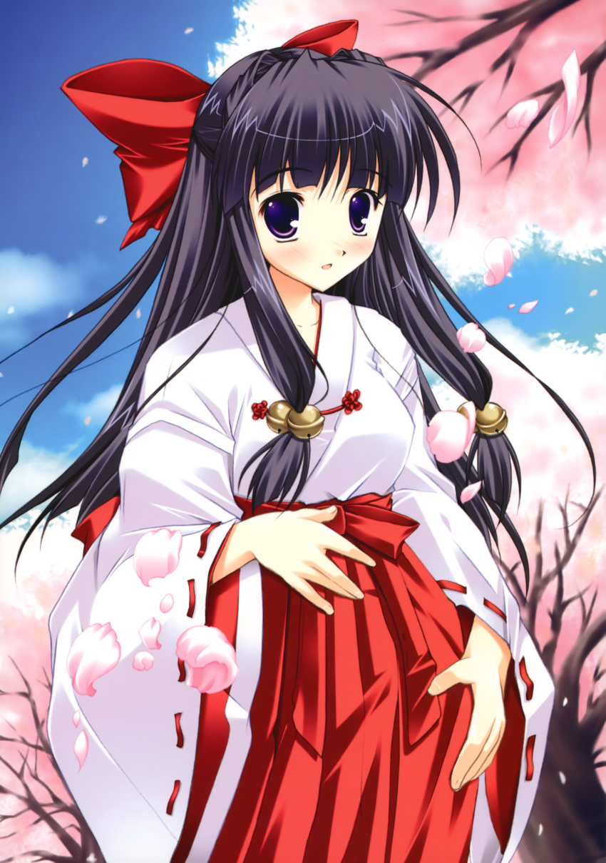 absurdres artist_request bell bow cherry_blossoms hair_bell hair_bow hair_ornament highres japanese_clothes jingle_bell kimono long_hair mikeou miko miraroma petals ribbon solo source_request tree tsukimiya_kaede