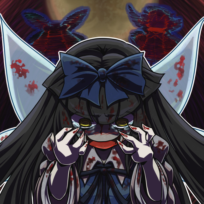 black_hair blood bow crazy fairy hair_bow highres koishi_adventure long_hair luna_child luna_star monopollian monopollyan moon multiple_girls pale_skin star_sapphire sunny_milk tears touhou white_skin yellow_eyes