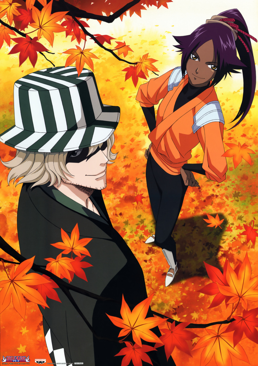 1boy 1girl absurdres autumn bleach closed_mouth copyright_name dark_skin hands_on_hips hat high_ponytail highres leaf long_hair official_art outdoors ponytail purple_hair scan shadow_over_eyes shihouin_yoruichi smile standing tied_hair two-tone_headwear urahara_kisuke yellow_eyes