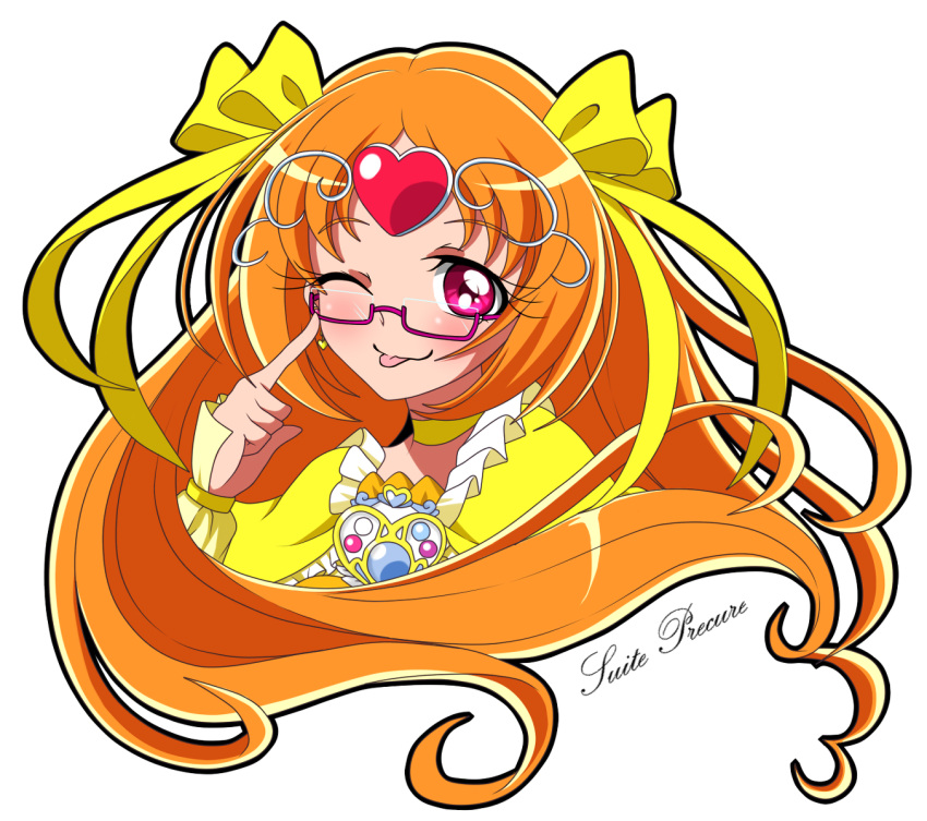;p bespectacled blush bow brooch choker circlet cure_muse cure_muse_(yellow) earrings frills glasses hair_ribbon heart highres jewelry long_hair magical_girl orange_hair pink-framed_glasses pixiv_manga_sample pointing precure red_eyes resized ribbon shirabe_ako smile solo suite_precure title_drop tongue touma_(halcyon13) wink