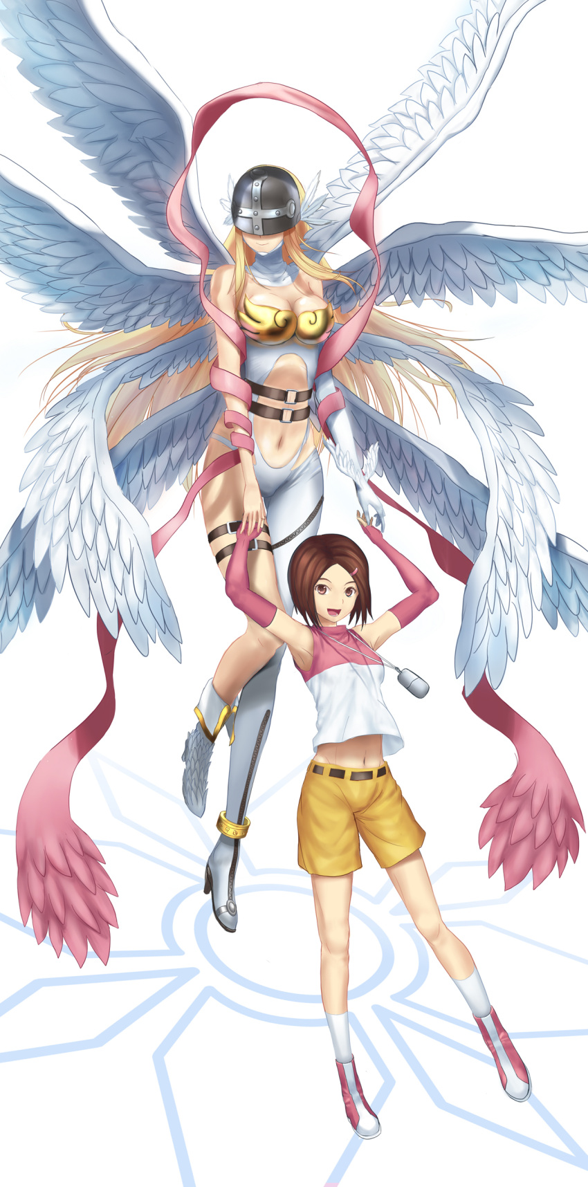 absurdres angel_wings angewomon anklet armpits arms_up asymmetrical_clothes asymmetrical_clothing bare_shoulders blonde_hair brown_eyes brown_hair digimon digimon_adventure_02 digimon_adventures_02 fingerless_gloves gloves hair_ornament hairclip hand_holding head_wings helmet high_heels highres holding_hands jewelry long_hair midriff multiple_girls multiple_wings navel open_mouth ribbon seraph shoes short_hair shorts simple_background thigh_strap tsukikanade wings yagami_hikari