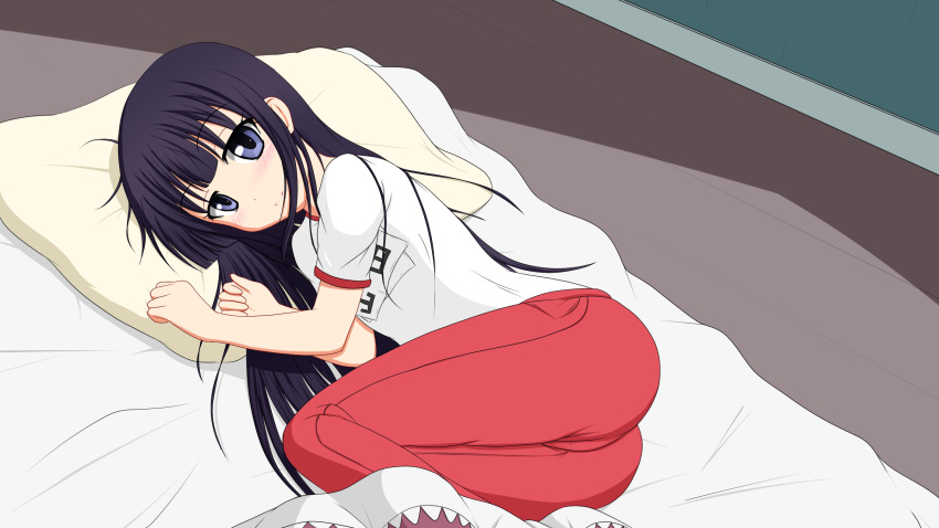 bed blue_eyes blush gym_uniform highres long_hair looking_at_viewer lying on_bed on_side pillow purple_hair smile solo sweatpants tom-ani working!! yamada_aoi