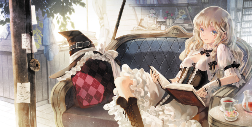 1girl alice_margatroid argyle blonde_hair boots braid character_doll couch cross-laced_footwear cup curtains dress hair_ribbon hat hat_removed headwear_removed kirisame_marisa leaf long_hair mini-hakkero miyuki_ruria pillow ribbon shelf side_braid sitting smile solo table teacup teapot touhou window witch_hat yellow_eyes
