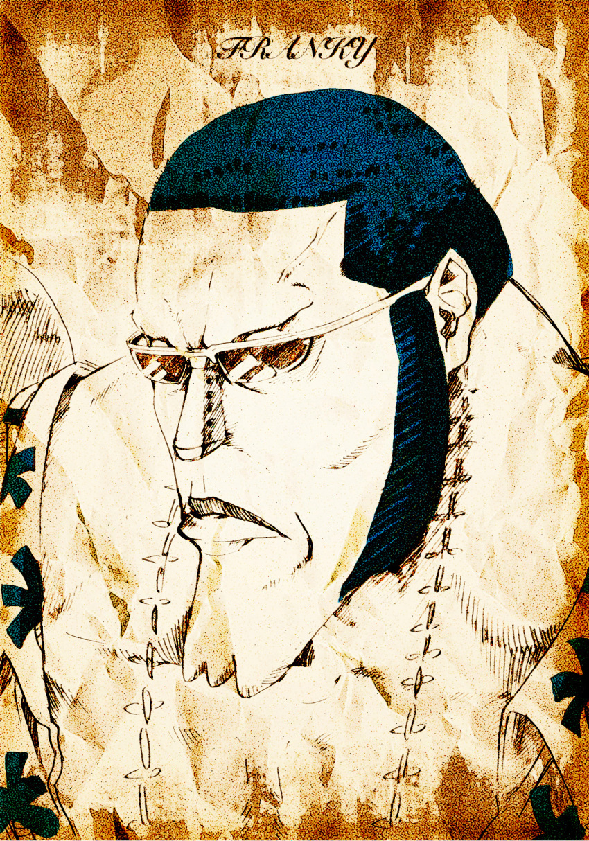 blue_hair character_name faux_traditional_media franky highres looking_at_viewer male monochrome one_piece portrait sagatsune scar sepia sideburns solo spot_color sunglasses