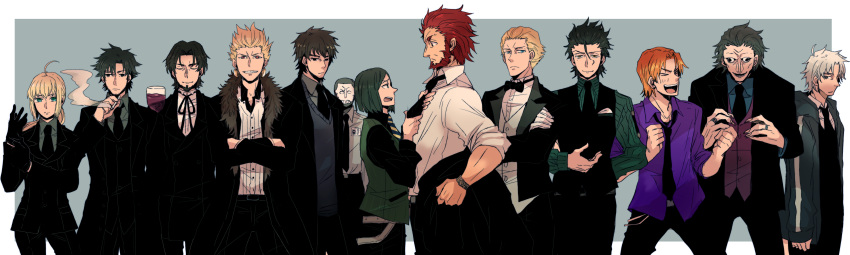 assassin_(fate/zero) berserker_(fate/zero) bowtie caster_(fate/zero) emiya_kiritsugu everyone fate/stay_night fate/zero fate_(series) formal gilgamesh highres hoodie kayneth_archibald_el-melloi kotomine_kirei lancer_(fate/zero) long_image matou_kariya necktie pant_suit rider_(fate/zero) saber sudachips suit tohsaka_tokiomi toosaka_tokiomi uryuu_ryuunosuke vest waistcoat waver_velvet wide_image wine