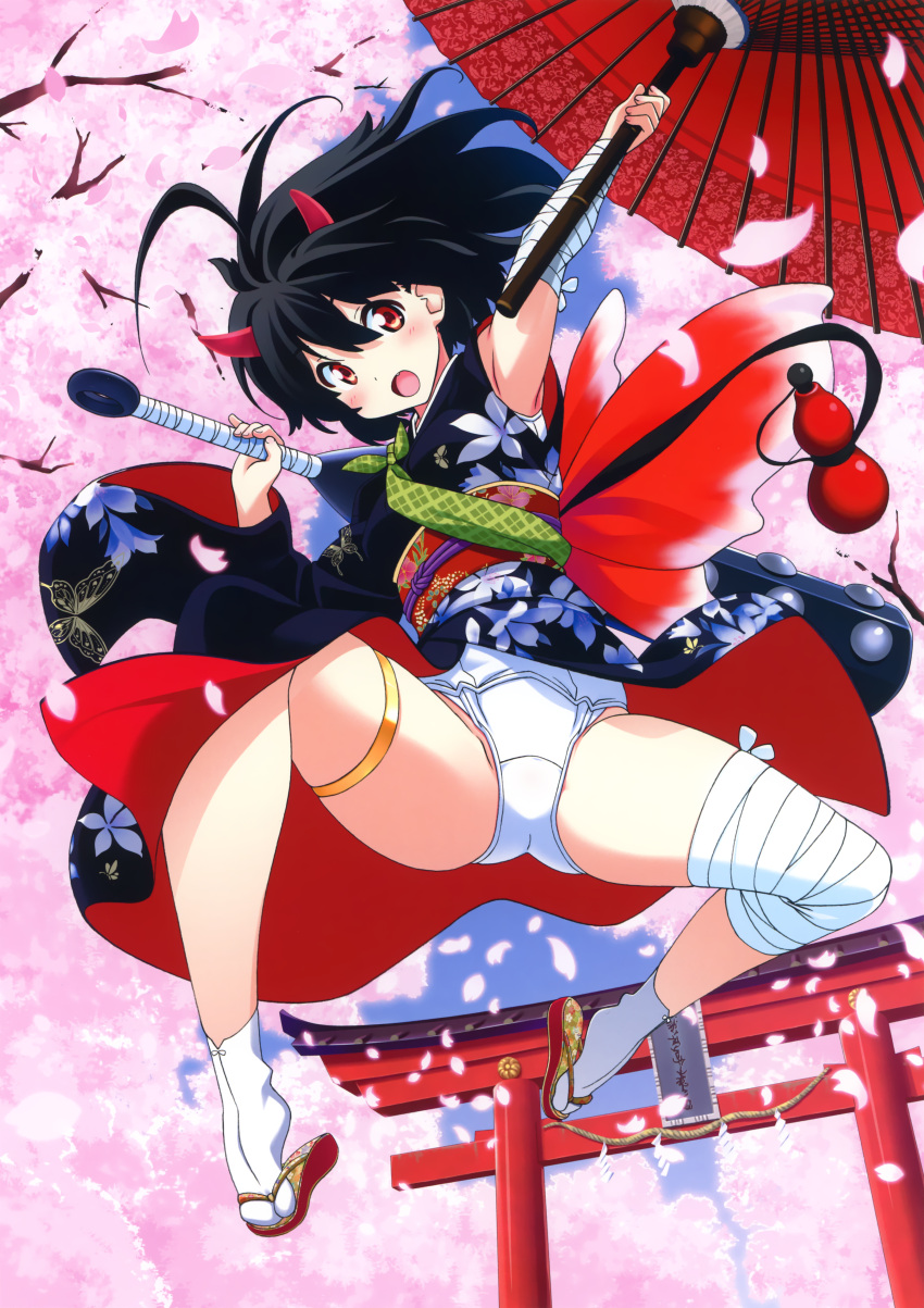 1girl absurdres black_hair cherry_blossoms club food fruit highres horns huge_filesize japanese_clothes kimono kuuchuu_yousai oni orange parasol school_swimsuit spread_legs swimsuit swimsuit_under_clothes tagme torii umbrella weapon white_swimsuit