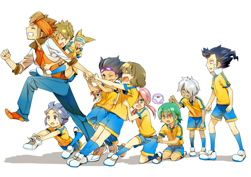 adult blue_hair brown_hair endou_mamoru green_eyes hamano_kaiji hayami_tsurumasa inazuma_eleven inazuma_eleven_(series) inazuma_eleven_go kageyama_hikaru kariya_masaki kirino_ranmaru kurama_norihito long_hair male matsukaze_tenma multiple_boys nishizono_shinsuke panties pants_pull pulling raimon shindou_takuto short_hair soccer_uniform tears tsurugi_kyousuke twintails underwear white_background zanunoneko